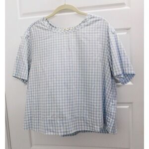 Amo‎ Womens Short Sleeve Scoop Neck Gingham Shirt Blue White Cotton Size M